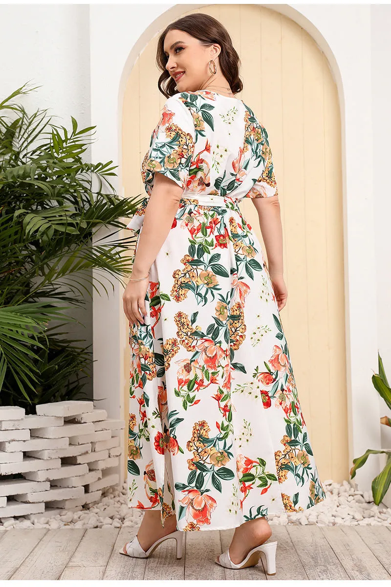 BerriesJam - 2024Plus Size V Neck Elegant Floral Short Sleeve Maxi Dress