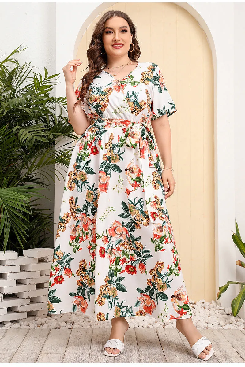 BerriesJam - 2024Plus Size V Neck Elegant Floral Short Sleeve Maxi Dress