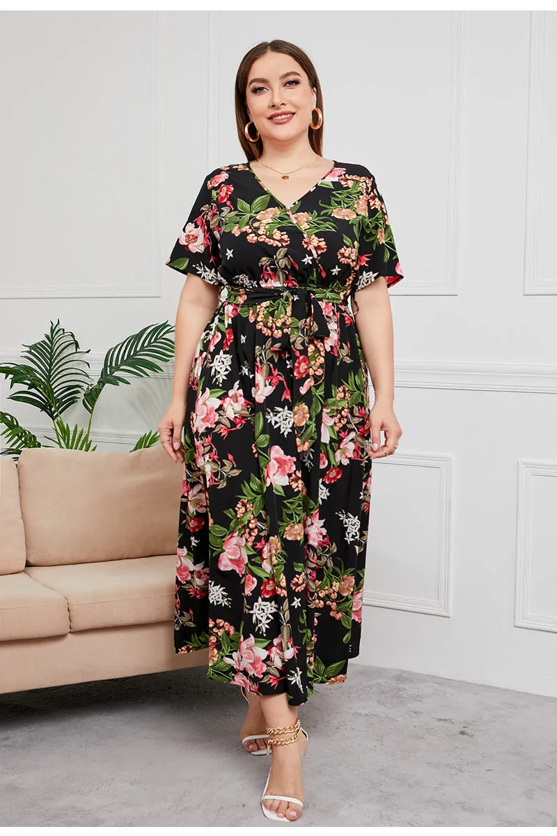 BerriesJam - 2024Plus Size V Neck Elegant Floral Short Sleeve Maxi Dress