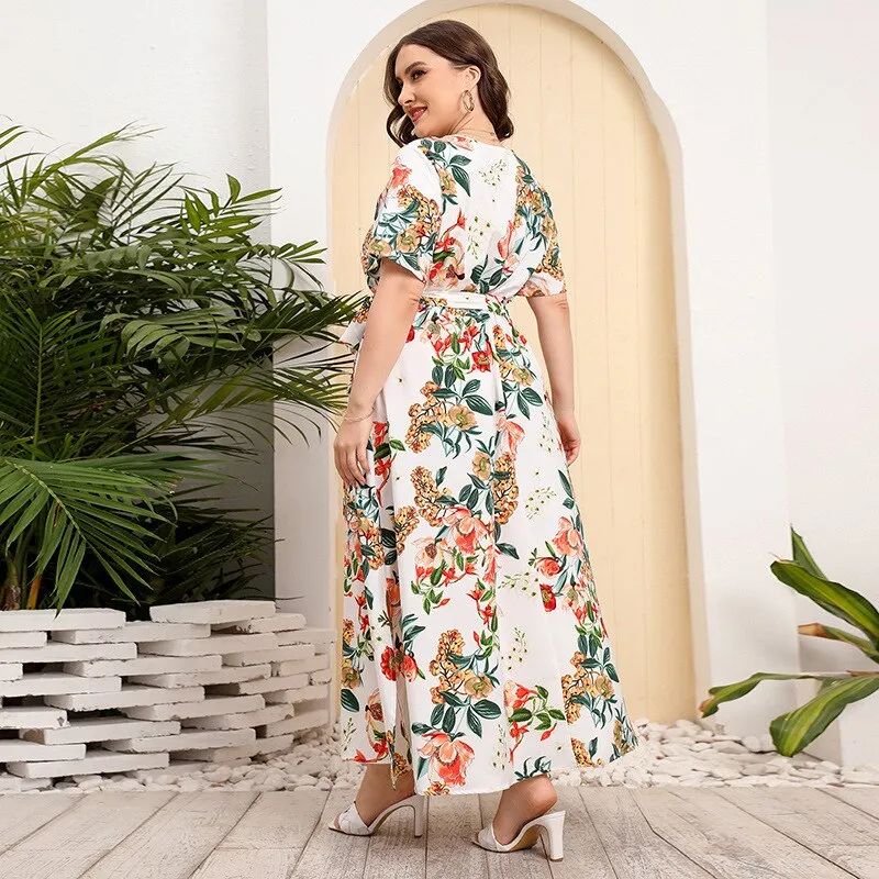 BerriesJam - 2024Plus Size V Neck Elegant Floral Short Sleeve Maxi Dress