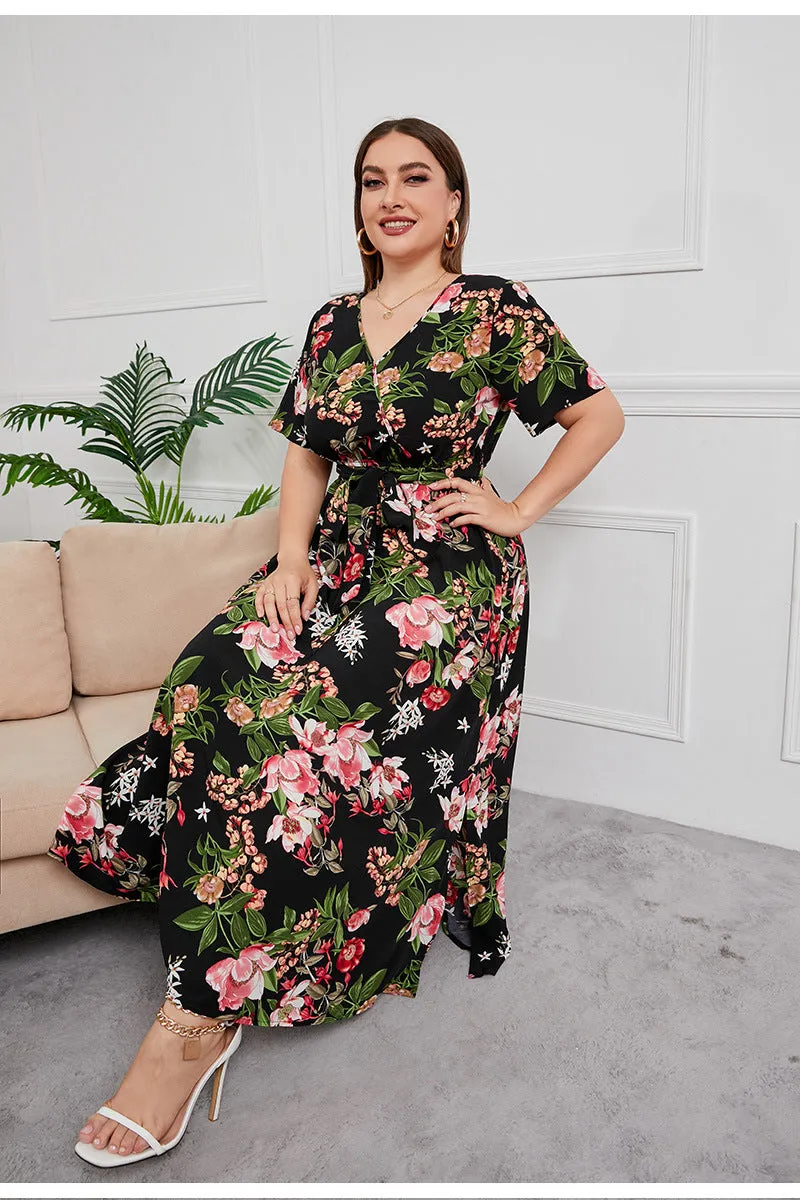 BerriesJam - 2024Plus Size V Neck Elegant Floral Short Sleeve Maxi Dress