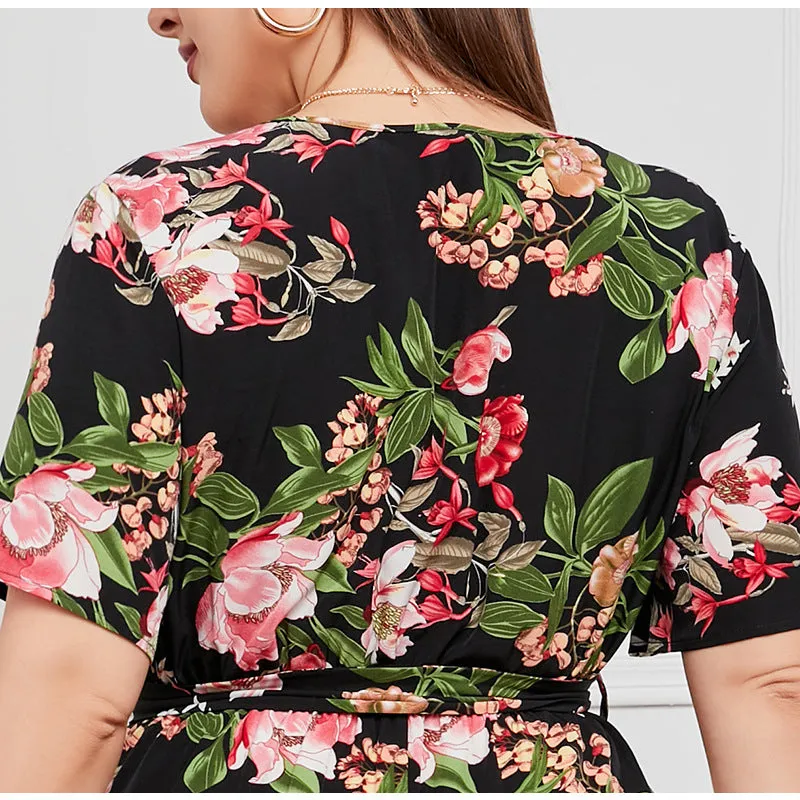 BerriesJam - 2024Plus Size V Neck Elegant Floral Short Sleeve Maxi Dress