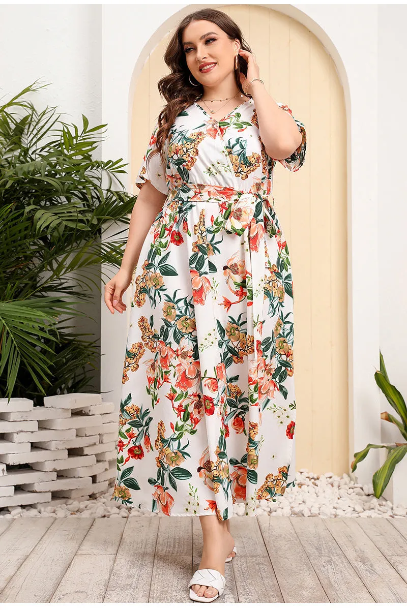 BerriesJam - 2024Plus Size V Neck Elegant Floral Short Sleeve Maxi Dress