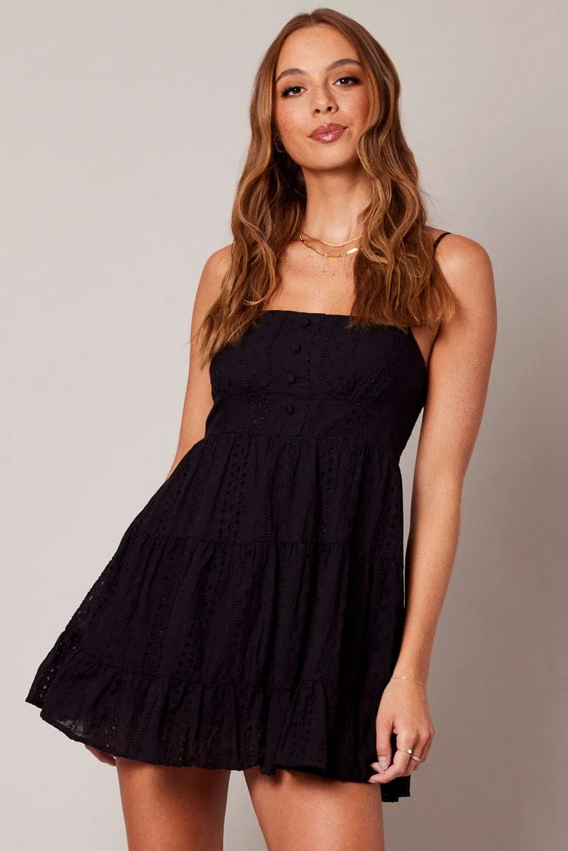 Black Fit and Flare Dress Sleeveless Broidery