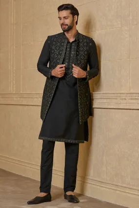 Black Kurta Bundi Set In Mirror Work