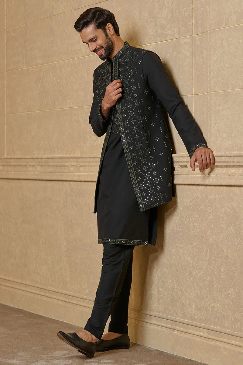 Black Kurta Bundi Set In Mirror Work