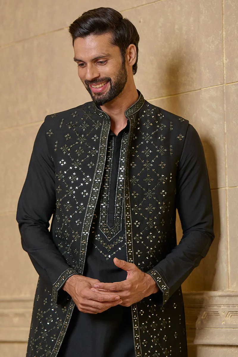 Black Kurta Bundi Set In Mirror Work