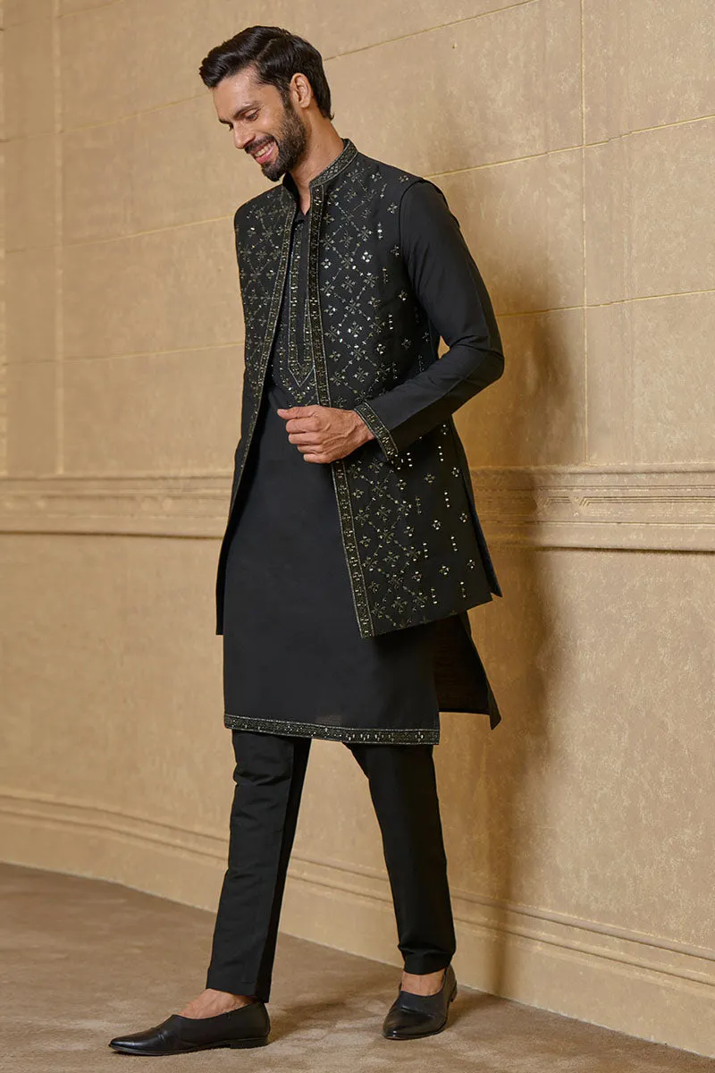 Black Kurta Bundi Set In Mirror Work