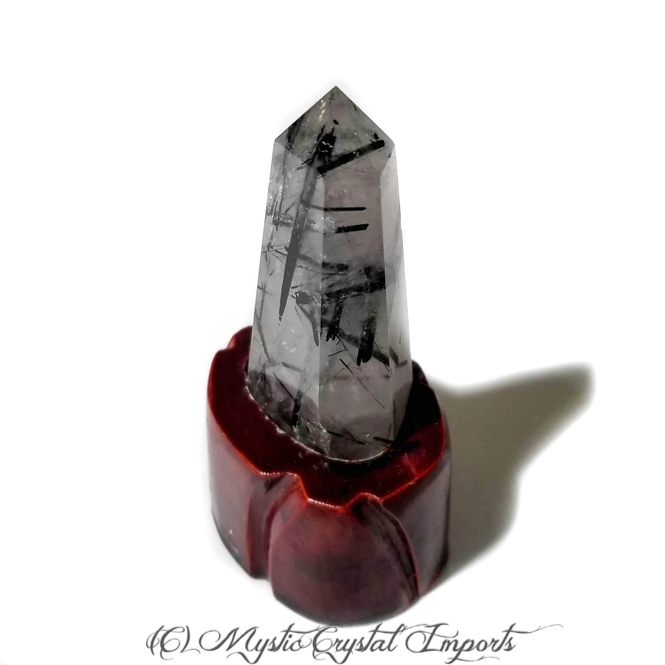 Black Tourmalinated Quartz Crystal Point With Carved Wood Stand - 4