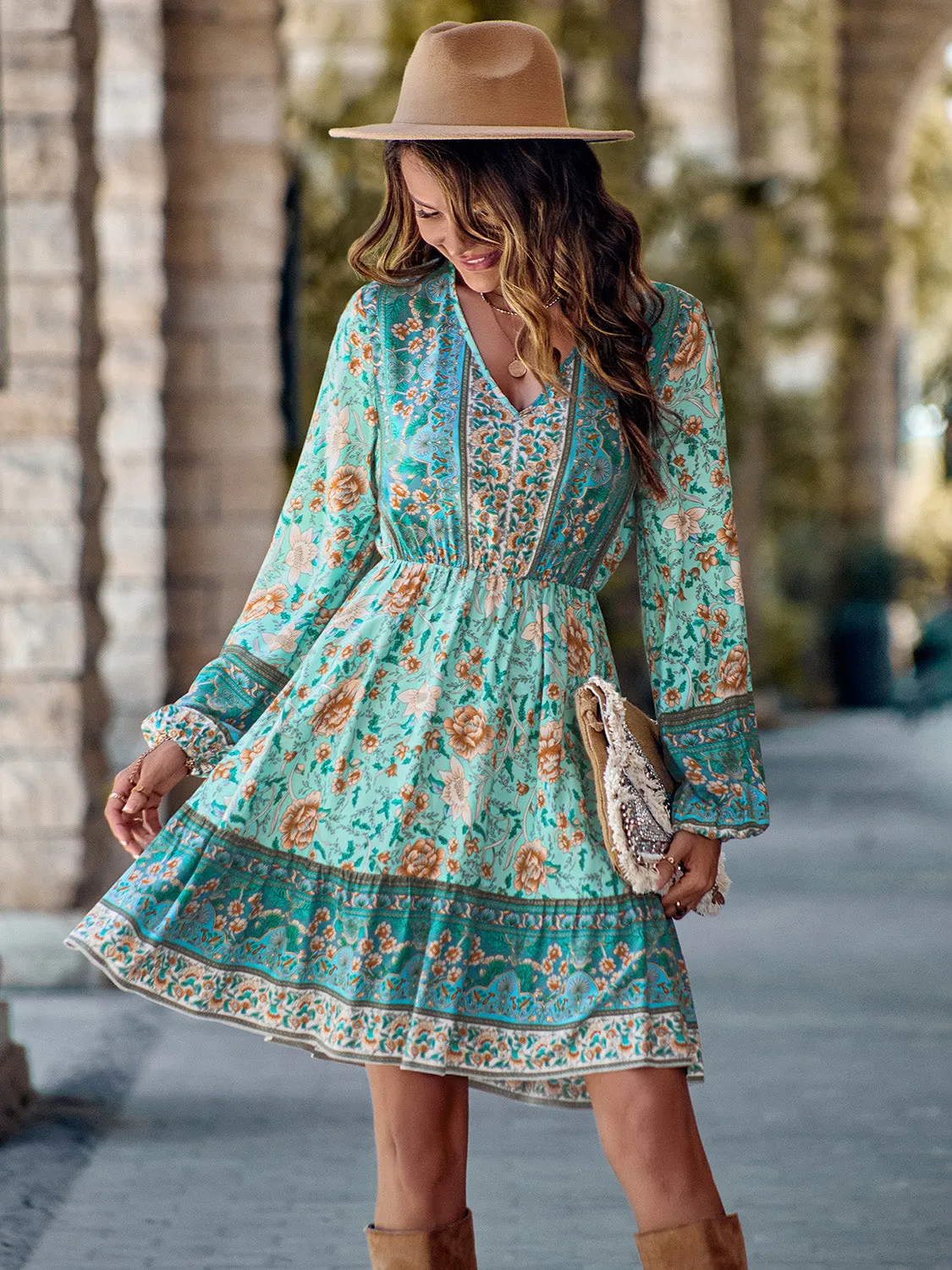 Bohemian V-Neck Long Sleeve Dress - Summer Beach Wedding Guest Attire for Women