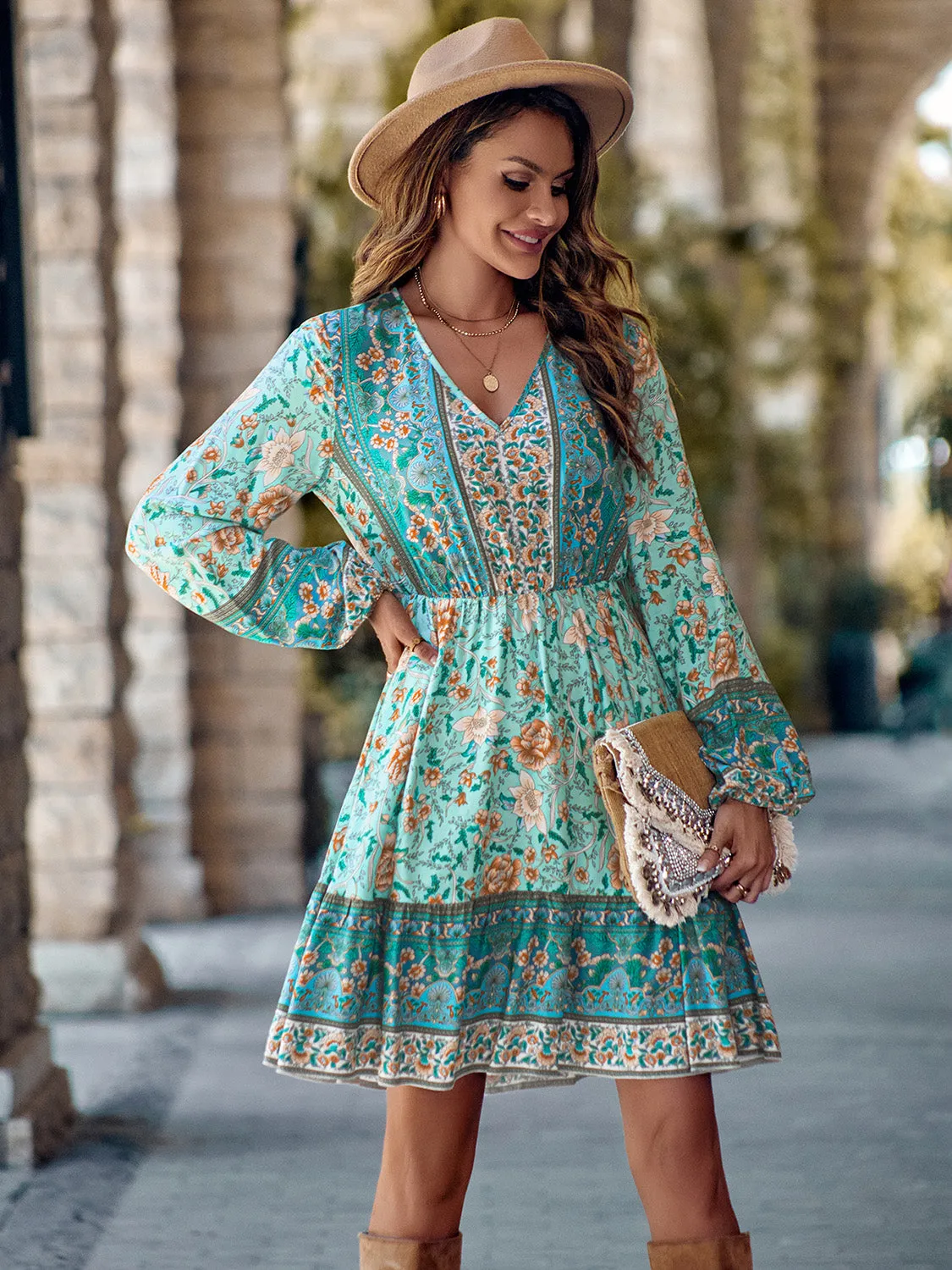 Bohemian V-Neck Long Sleeve Dress - Summer Beach Wedding Guest Attire for Women