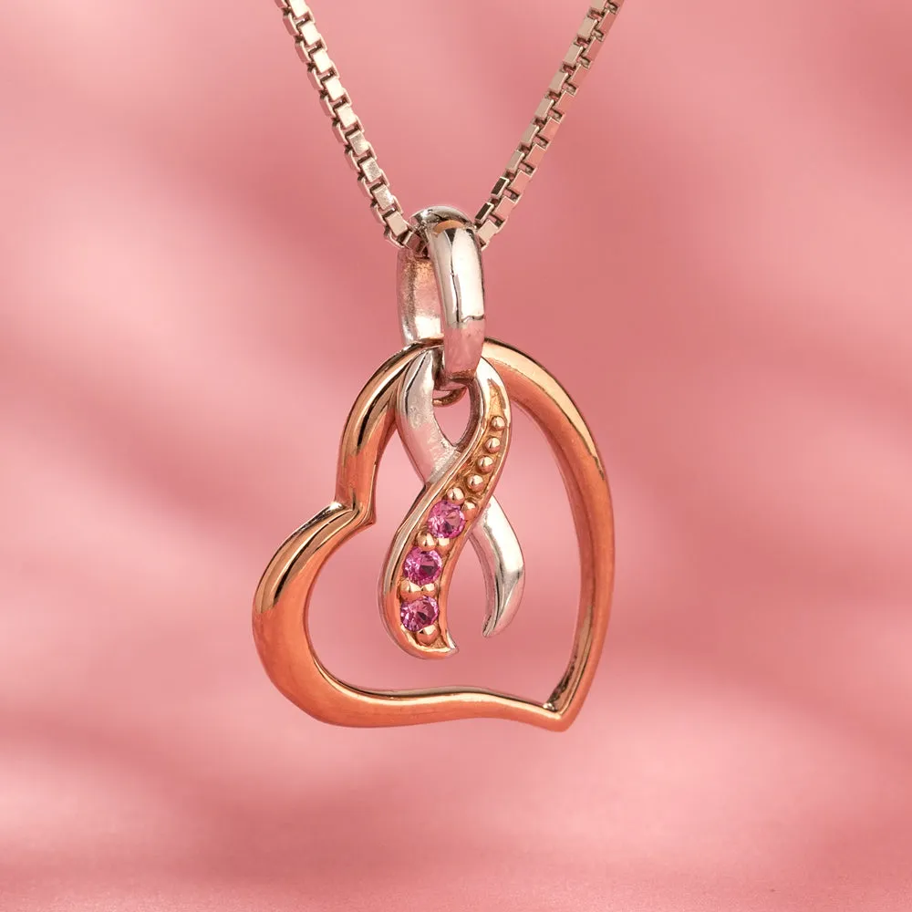 Breast Cancer Ribbon "Hope Fight Survive" Pendant Necklace with Pink Sapphire 925 Sterling Silver