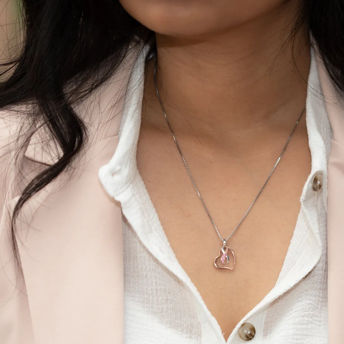 Breast Cancer Ribbon "Hope Fight Survive" Pendant Necklace with Pink Sapphire 925 Sterling Silver