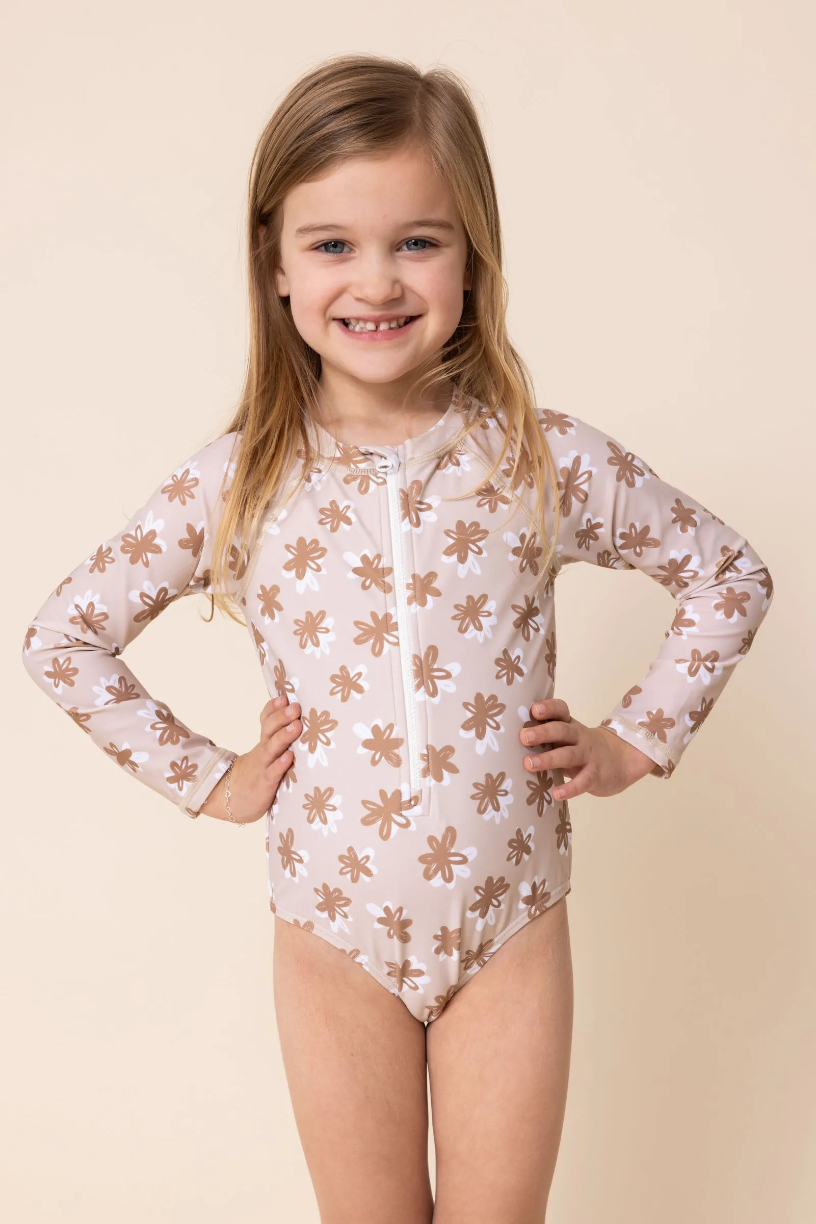 Brown floral print zip rashguard girl swimsuit