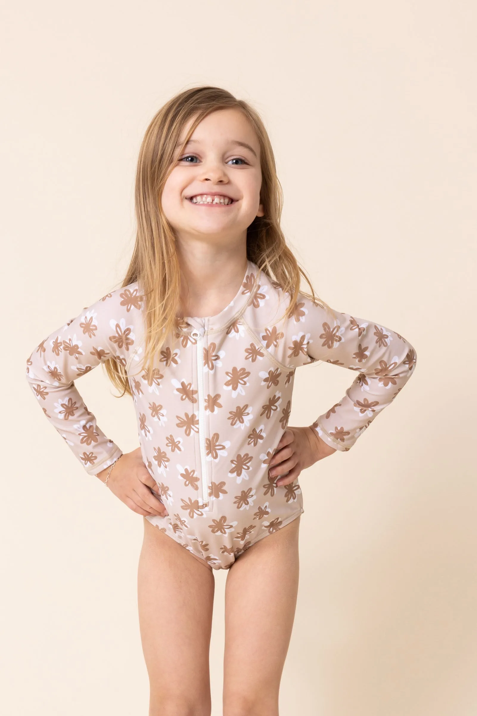 Brown floral print zip rashguard girl swimsuit