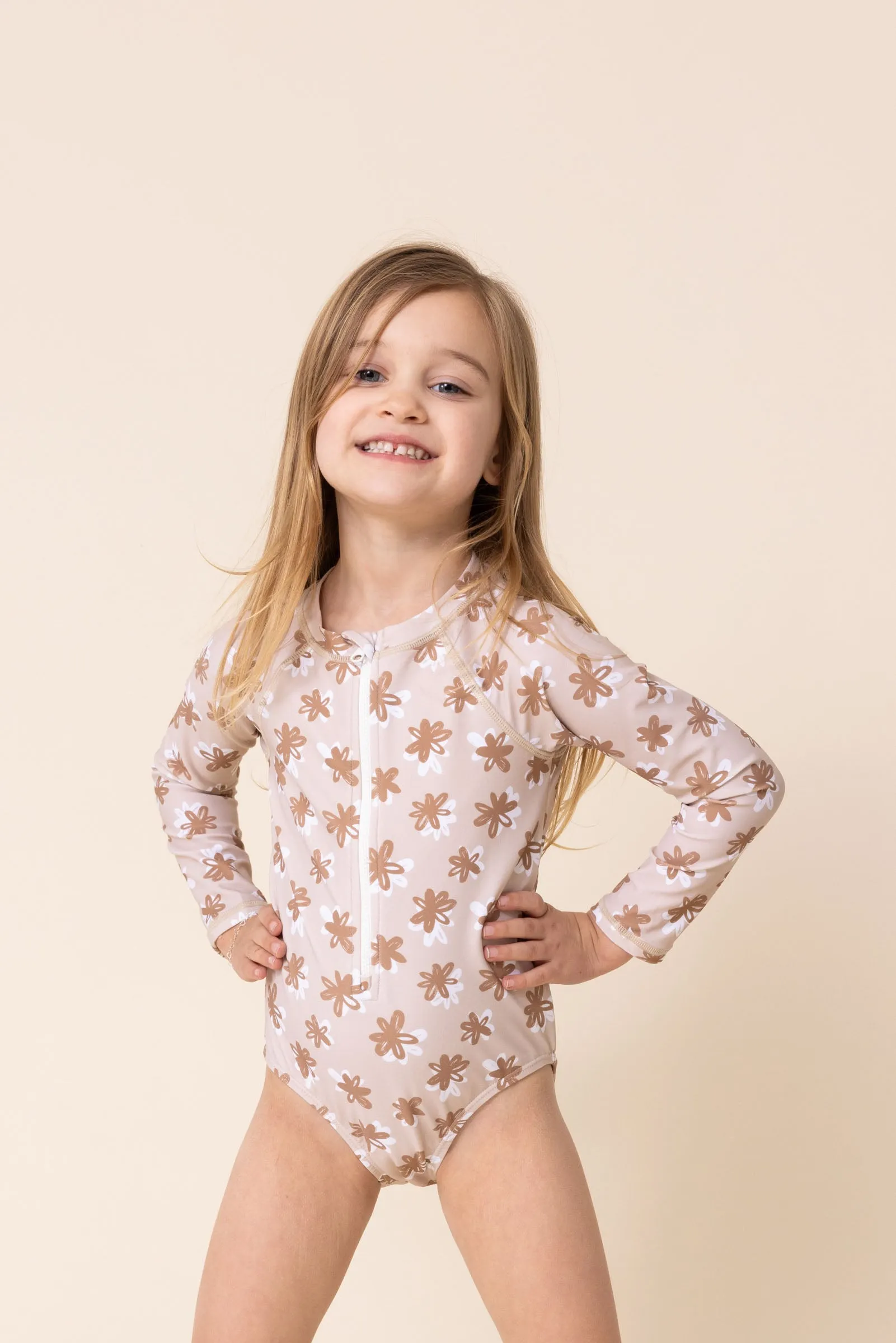 Brown floral print zip rashguard girl swimsuit