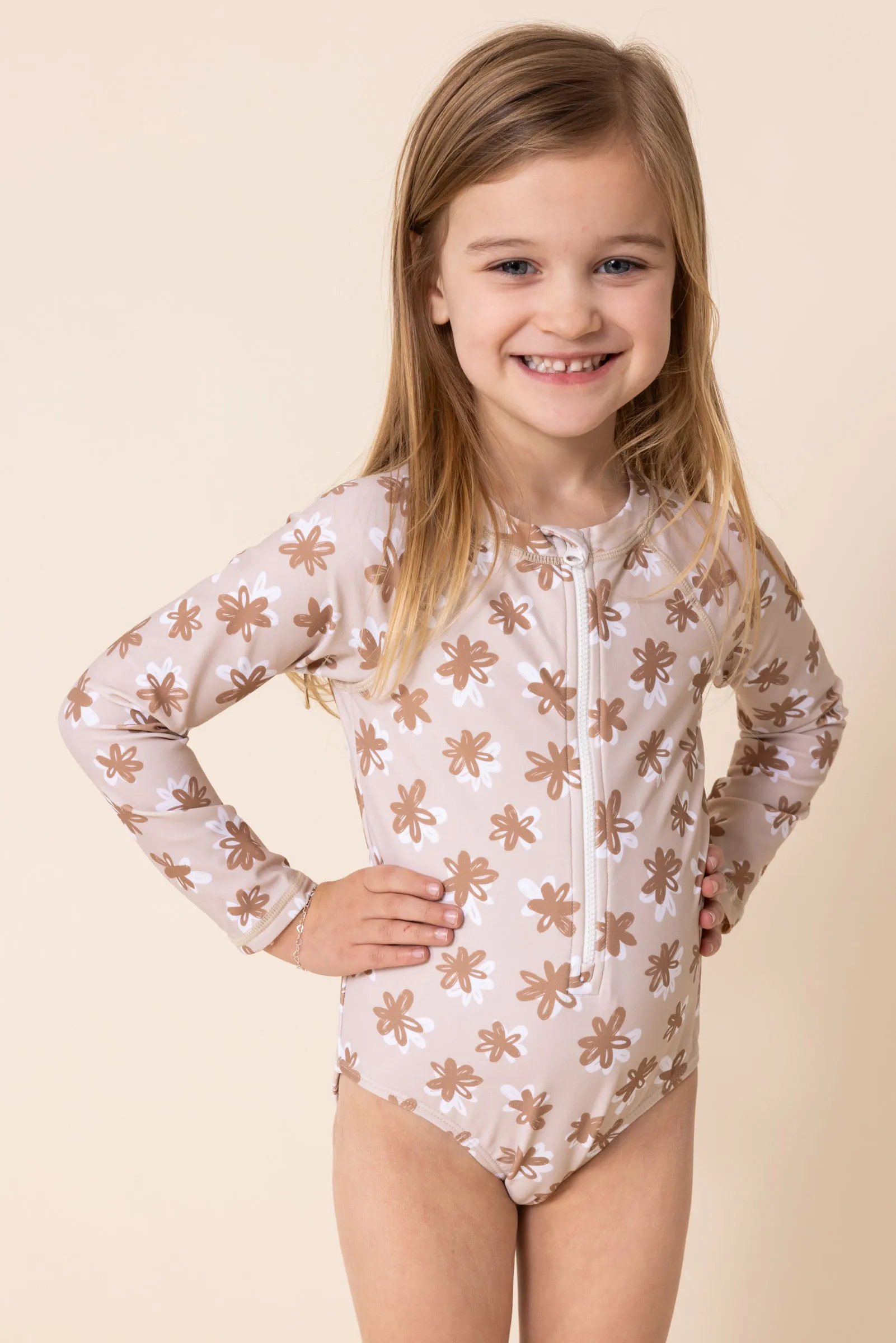 Brown floral print zip rashguard girl swimsuit