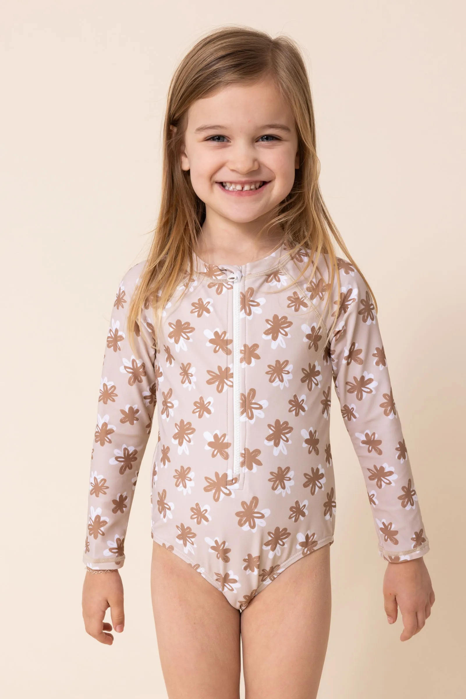 Brown floral print zip rashguard girl swimsuit