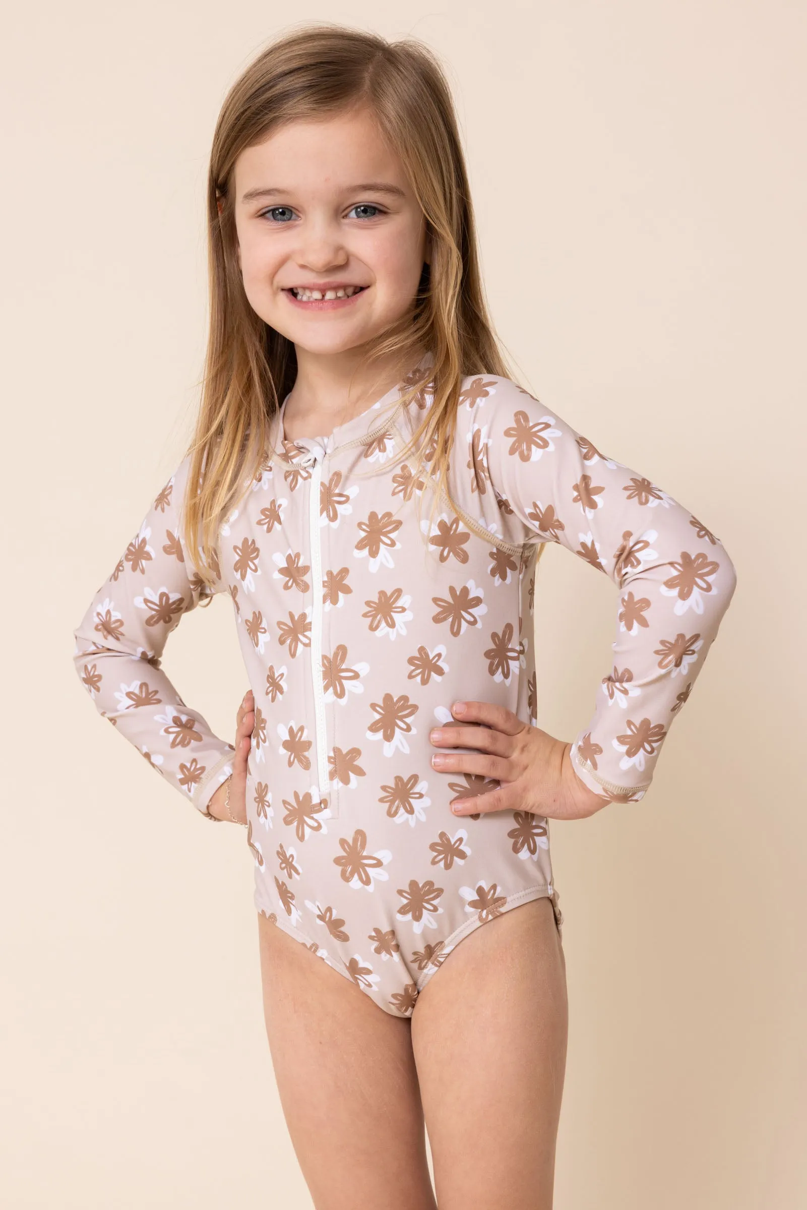 Brown floral print zip rashguard girl swimsuit