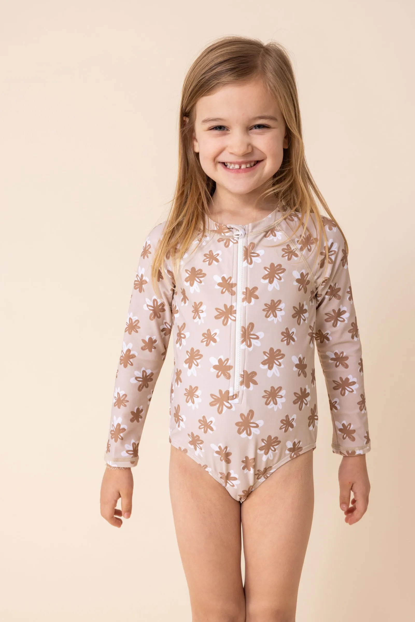 Brown floral print zip rashguard girl swimsuit