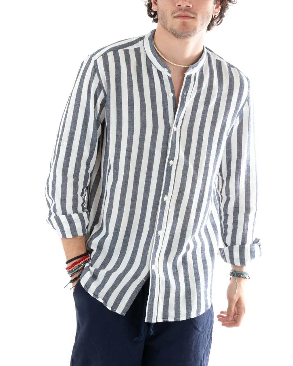 Camicia Uomo Collo Coreano Manica Lunga Lino Rigata Casual Blu GIOSAL-C2752A