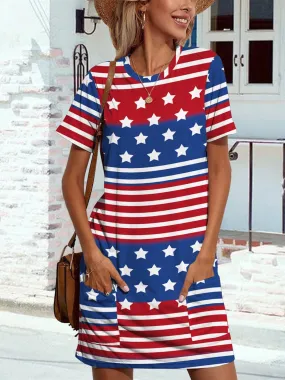 Celebrate America in Style with Our Pocketed US Flag Printed Short Sleeve Dress – Perfect for Fourth of July and Independence Day Festivities