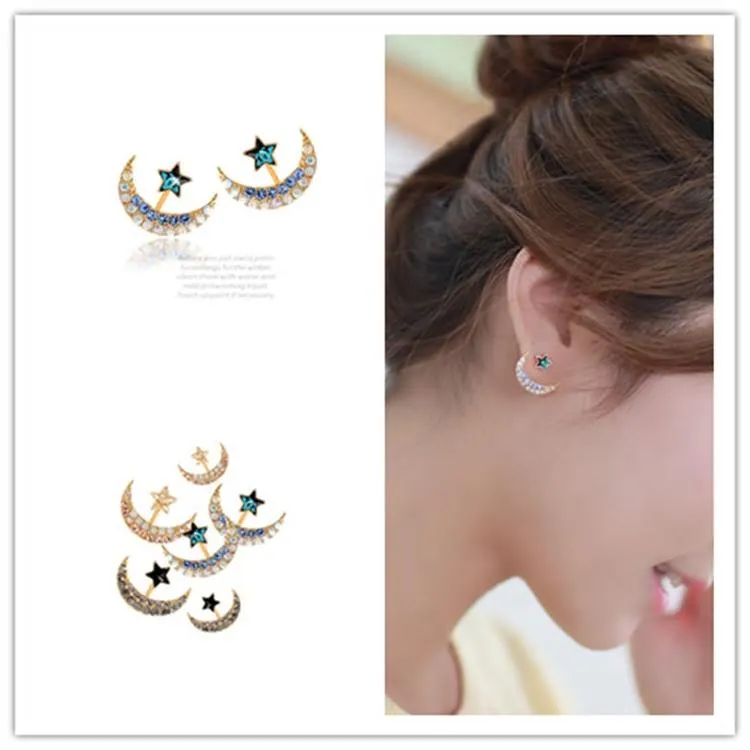 Classic Moon Rhinestone Ear Jacket Stud Earrings