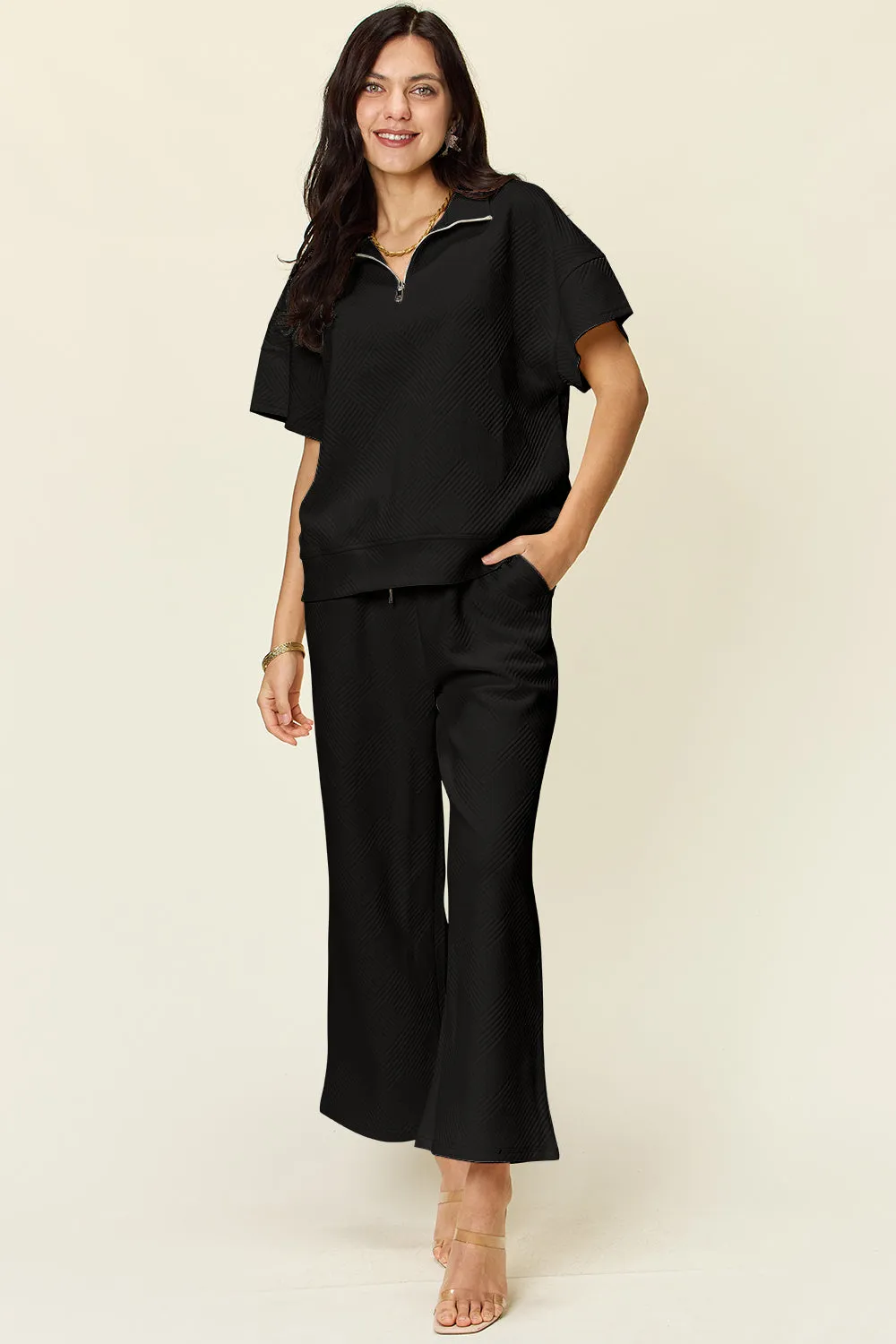 Collared Short Sleeve Top and Pants Set