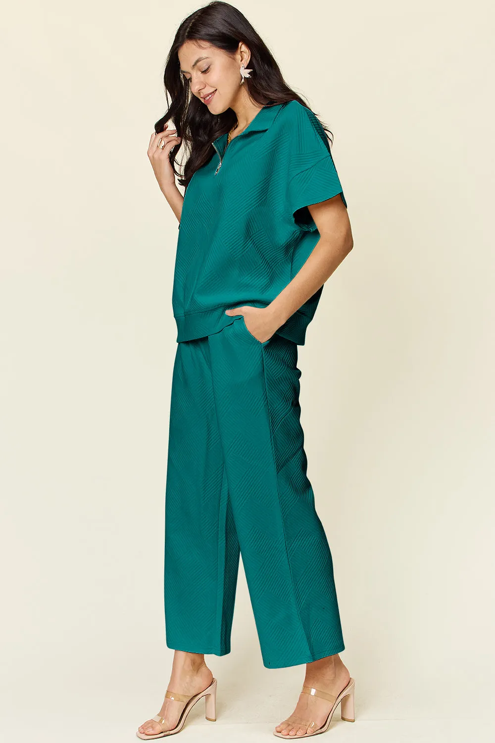 Collared Short Sleeve Top and Pants Set