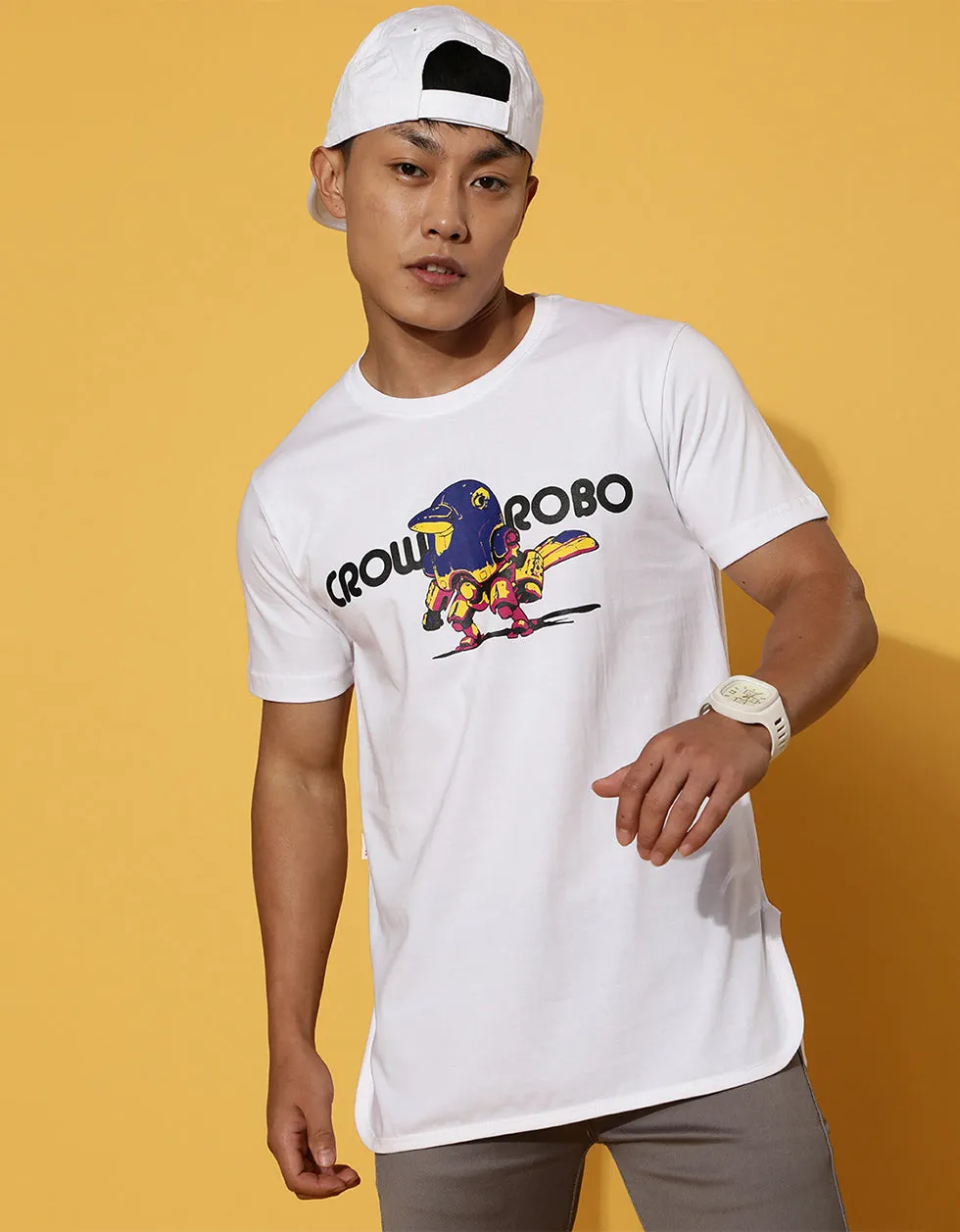 Crow Robo White High Low Regular Fit Graphic Printed Tshirt