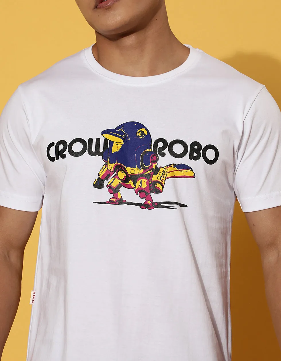 Crow Robo White High Low Regular Fit Graphic Printed Tshirt