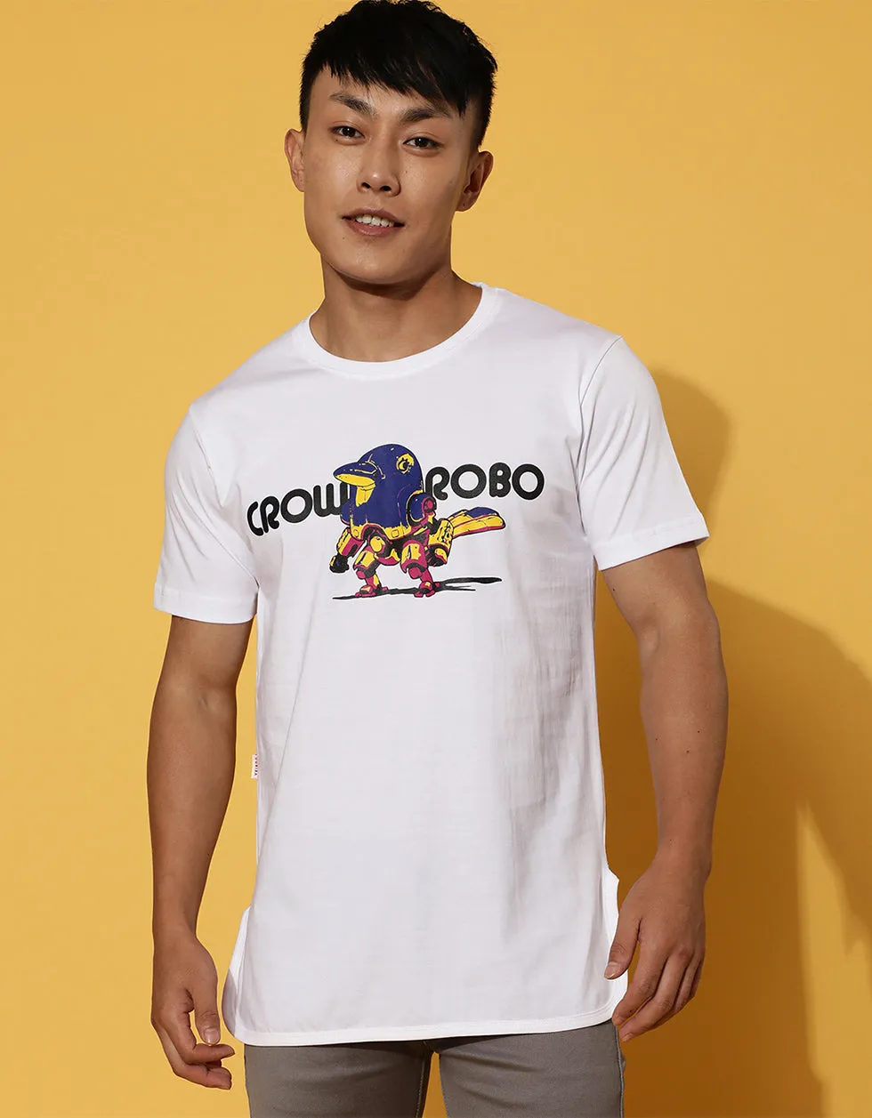 Crow Robo White High Low Regular Fit Graphic Printed Tshirt