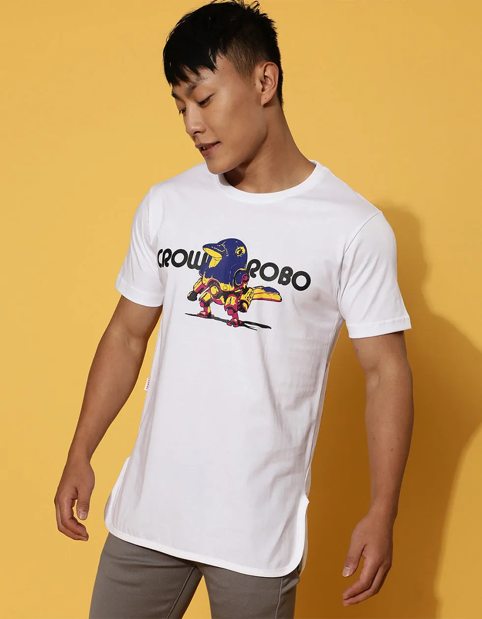 Crow Robo White High Low Regular Fit Graphic Printed Tshirt