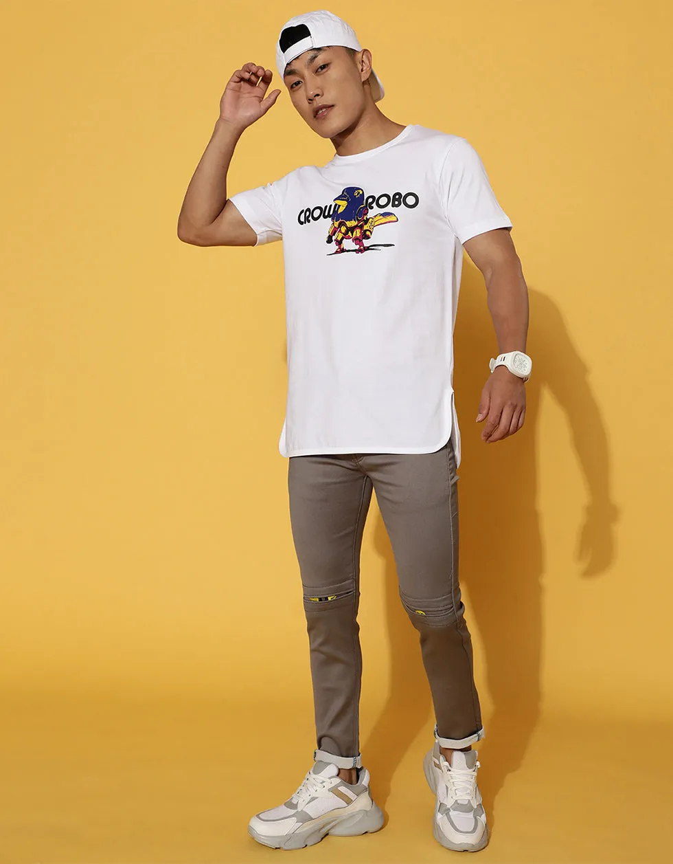 Crow Robo White High Low Regular Fit Graphic Printed Tshirt