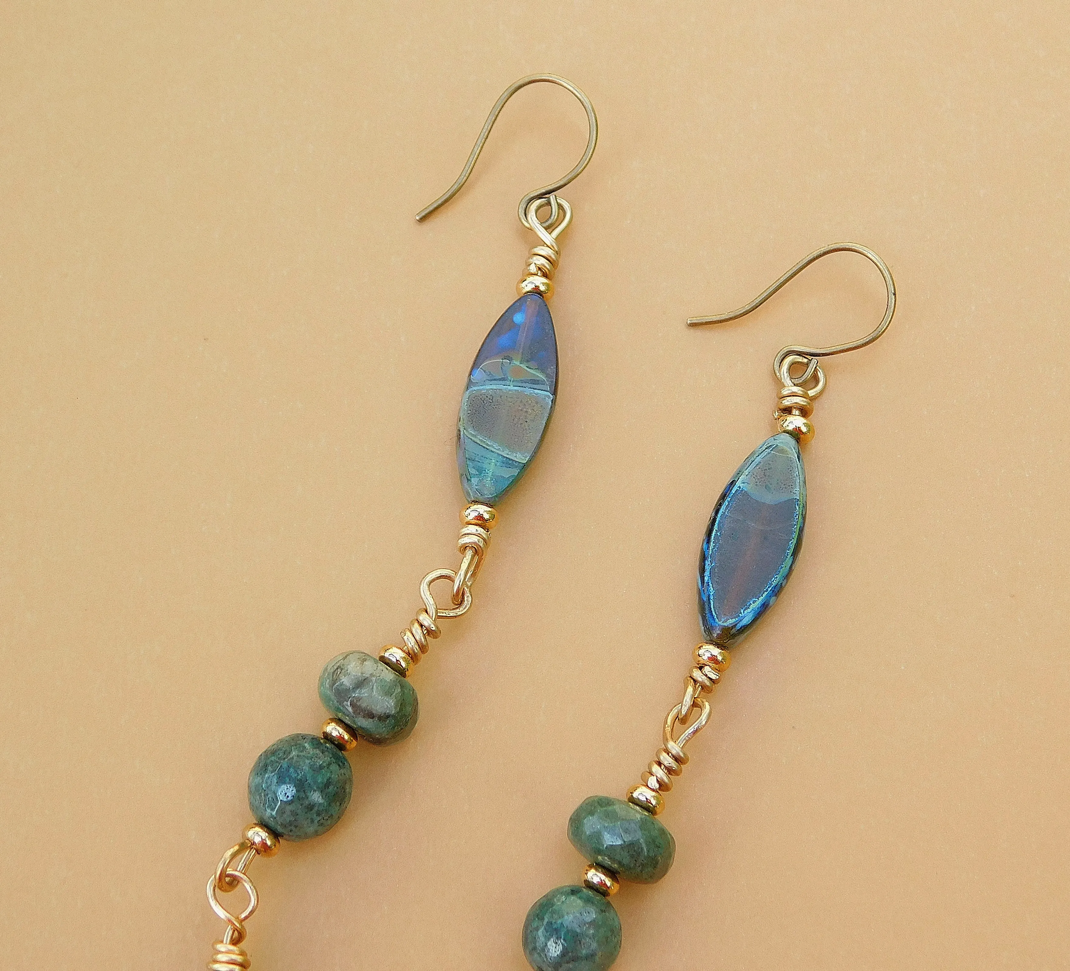 Dainty Picasso Czech and Chrysoprase Dangling Earrings