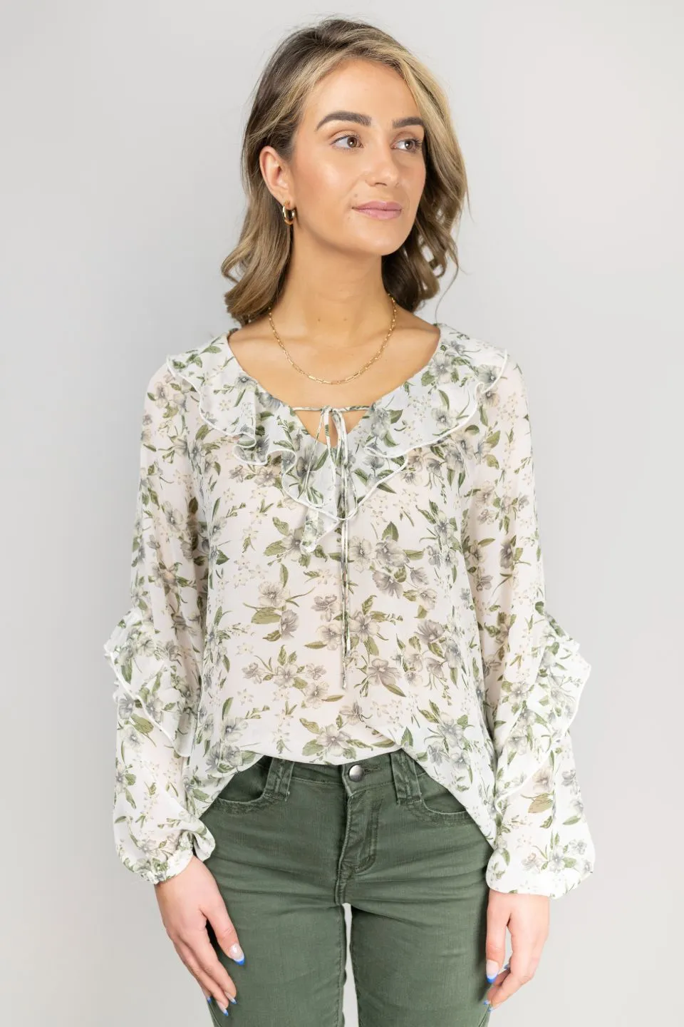 Day Dream Garden Ivory Frill Neck LS Frill Sleeve Top