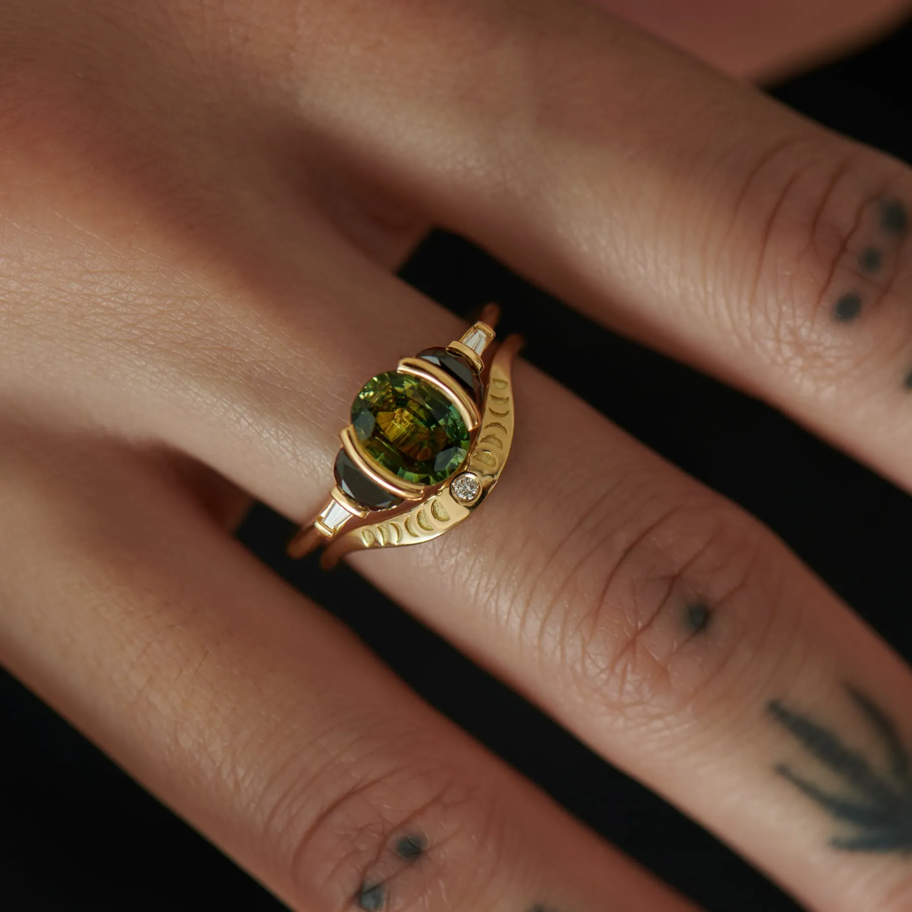 Dragons Egg OOAK Green Parti Sapphire & Black Diamond Engagement Ring