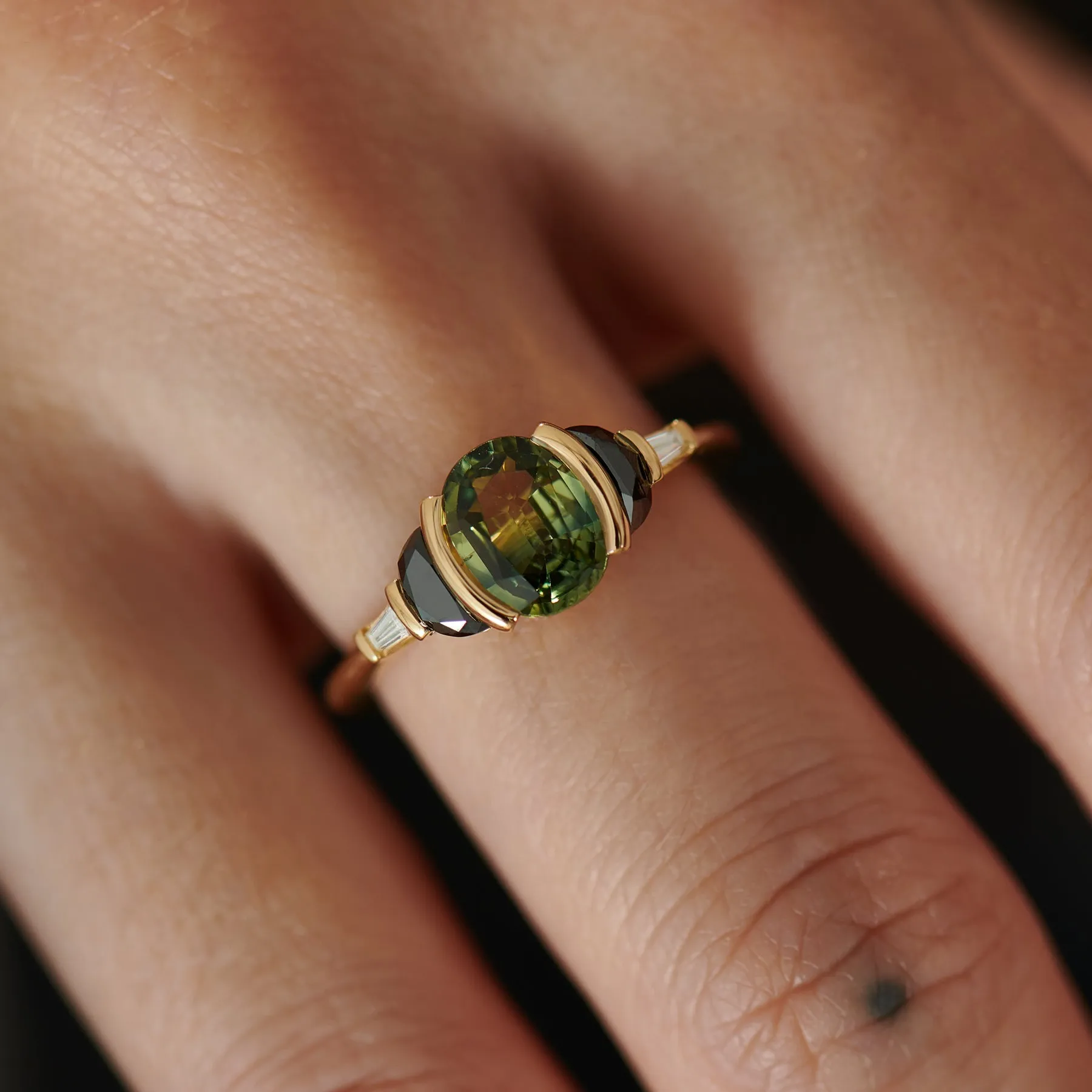 Dragons Egg OOAK Green Parti Sapphire & Black Diamond Engagement Ring