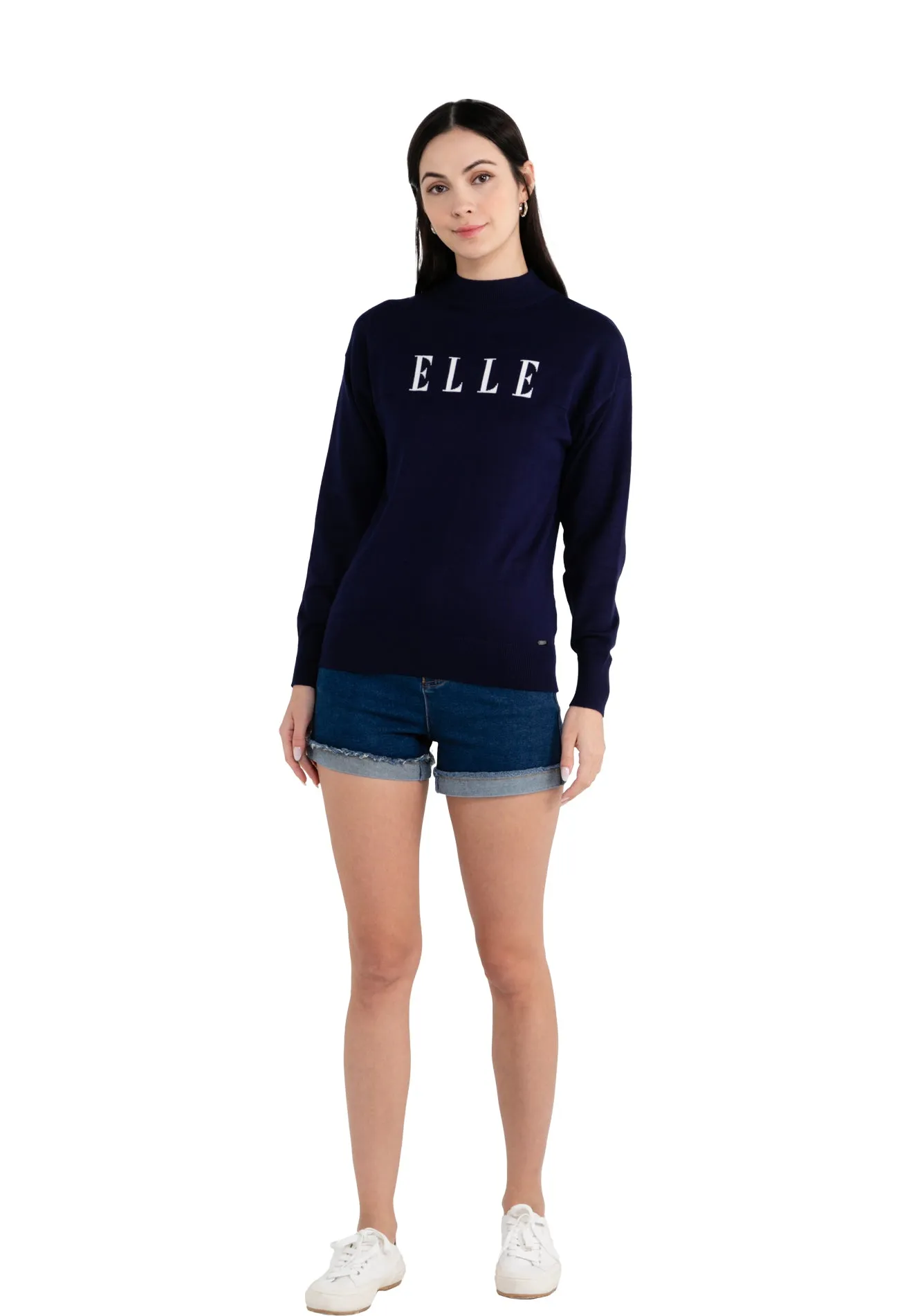 ELLE Apparel Knitted Mock Neck Logo Long Sleeves Sweater