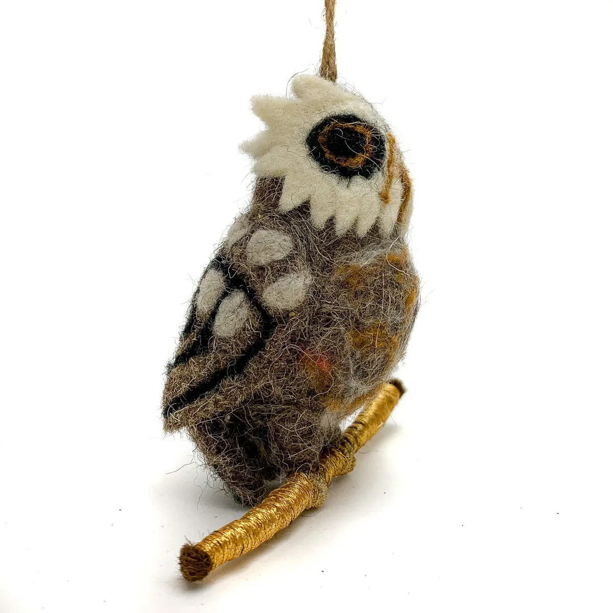 Felted Owl on a Branch Ornament