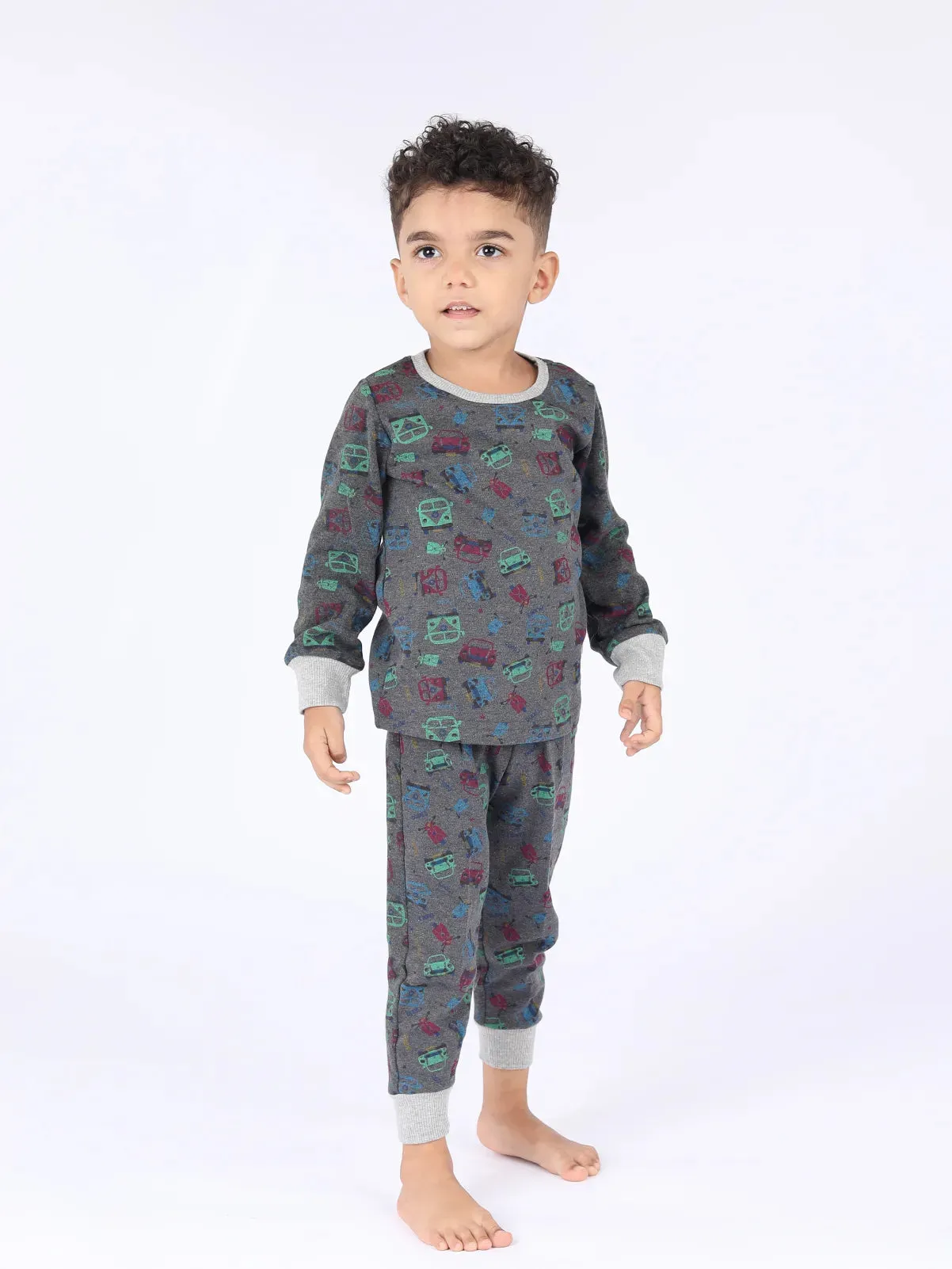 Full sleeve graphic pattern in grey pajama set for baby