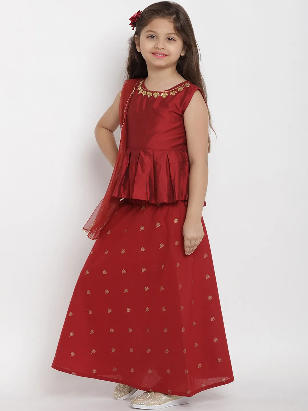 Girls Maroon Solid Top With Skirt