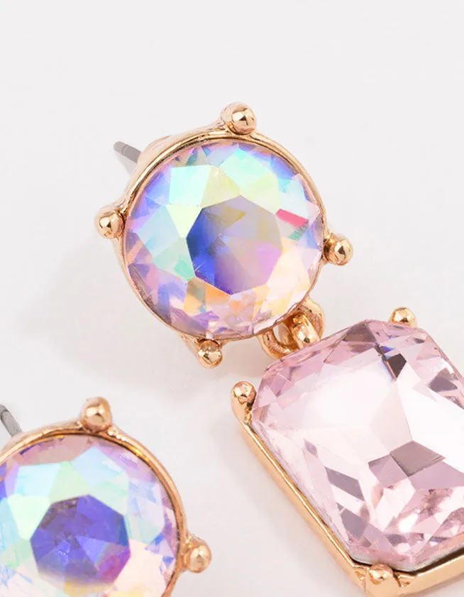 Gold Round & Rectangular Pink Drop Earrings