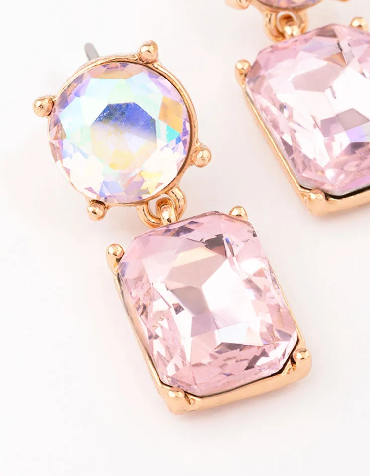 Gold Round & Rectangular Pink Drop Earrings