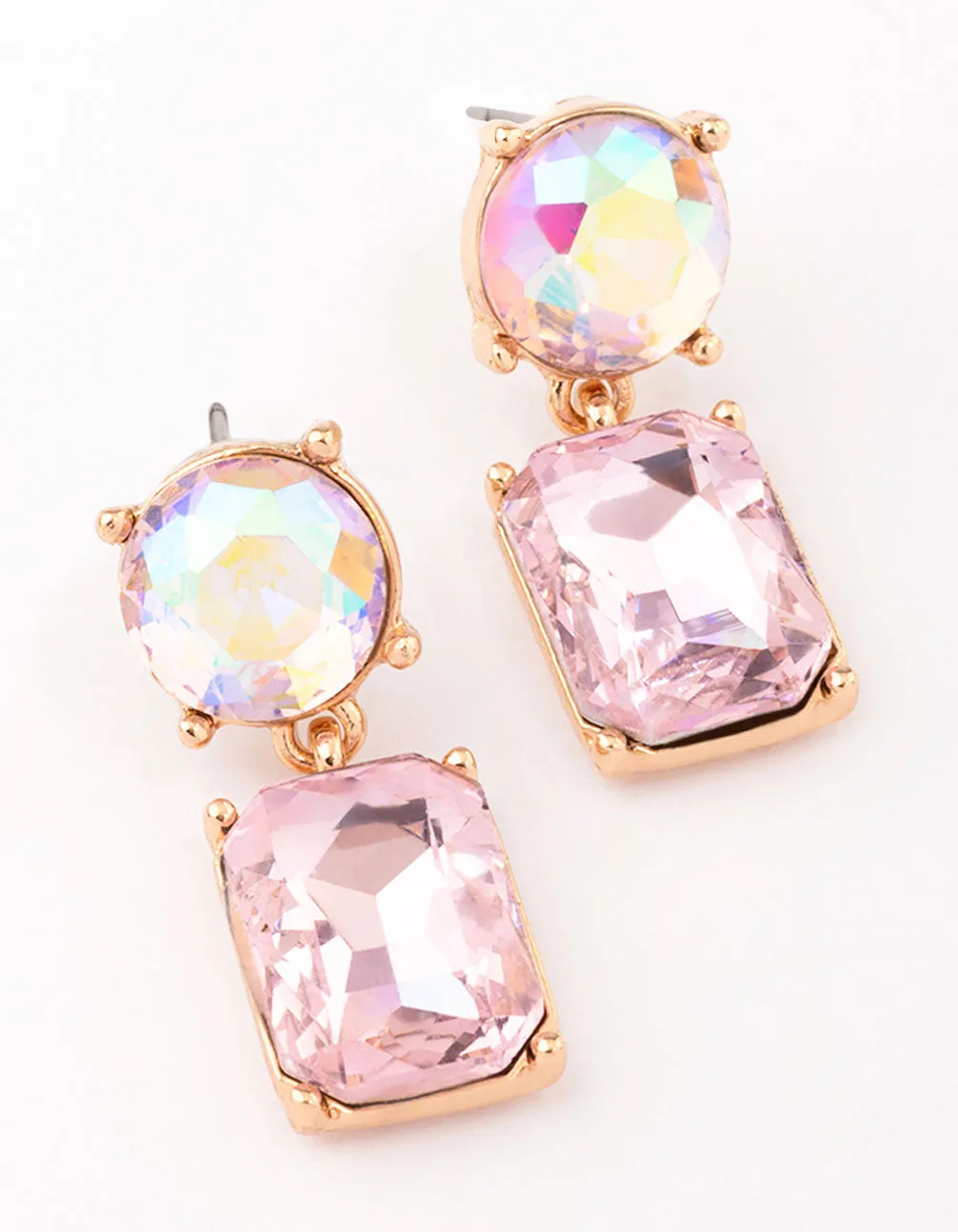 Gold Round & Rectangular Pink Drop Earrings