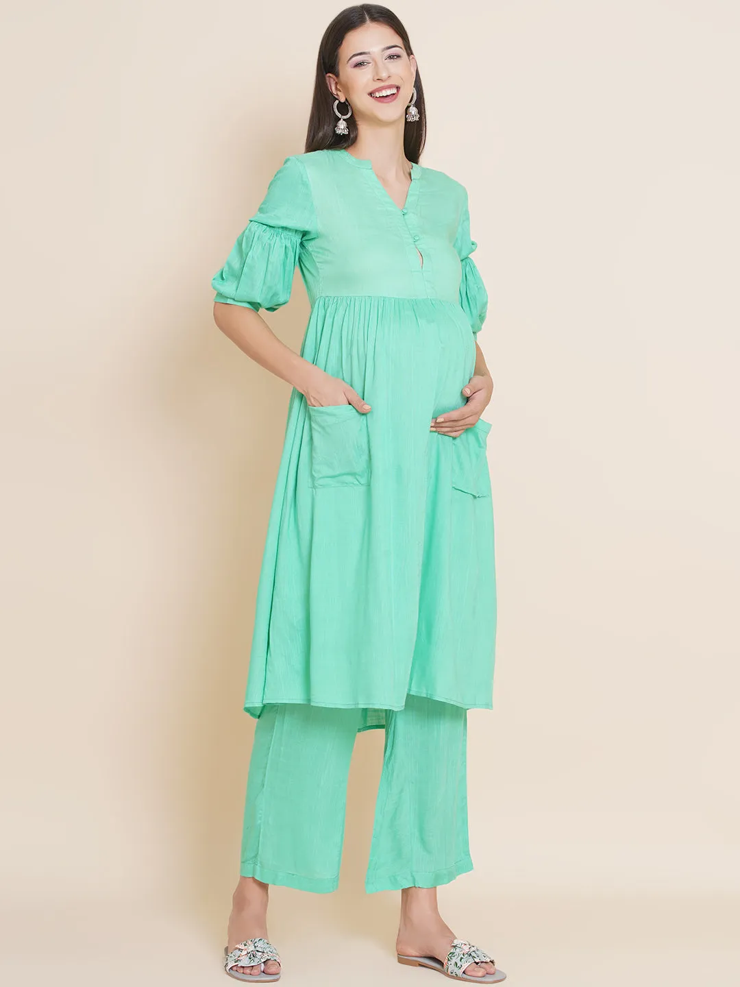 Green Maternity and Nursing Kurta with Palazzo Set