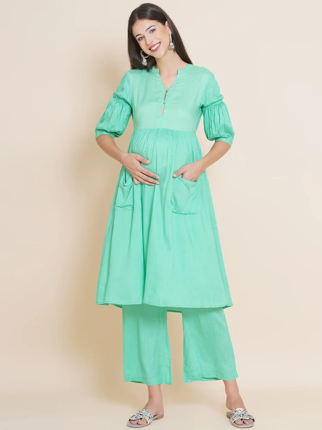 Green Maternity and Nursing Kurta with Palazzo Set