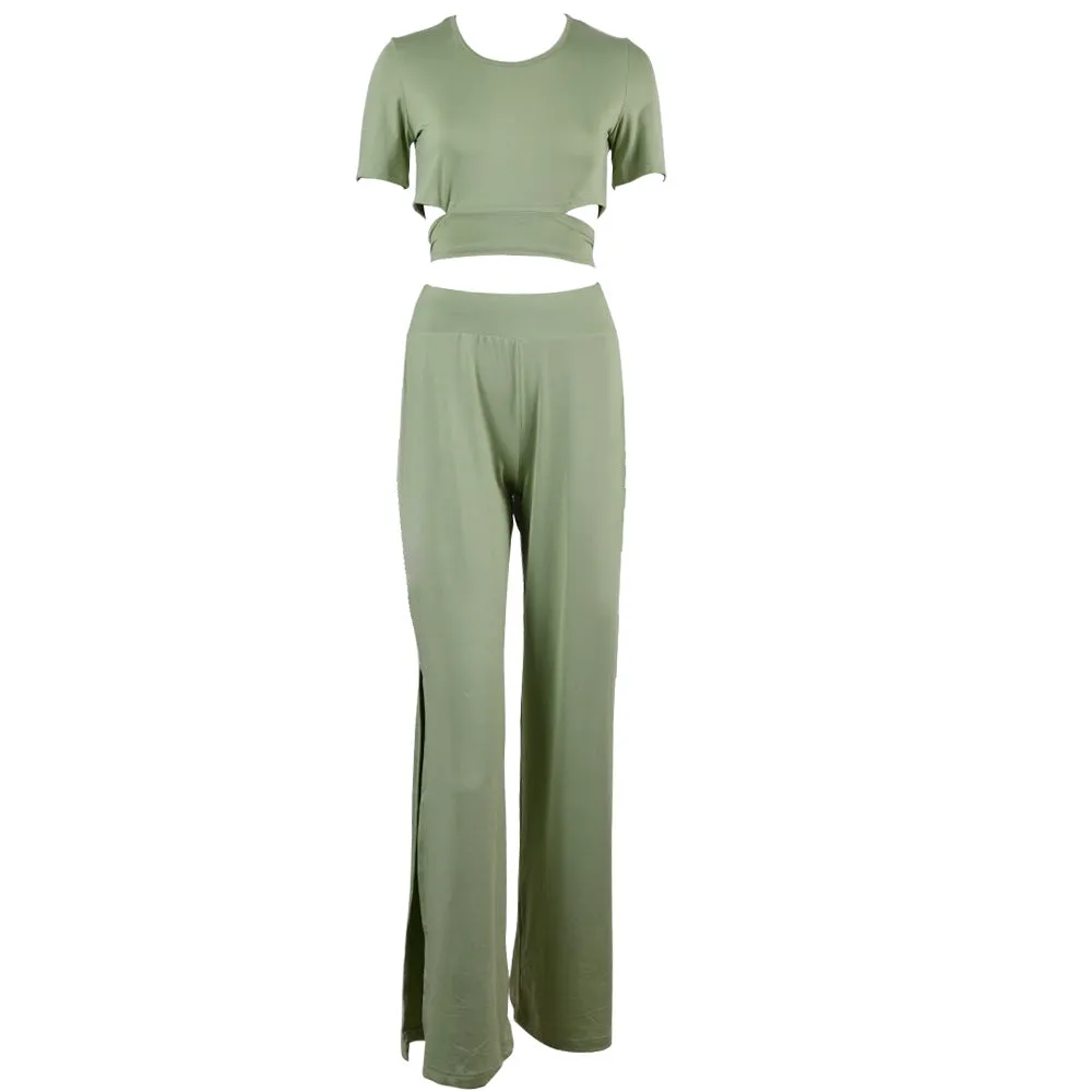 Green Top And Slit Trousers Two Pieces Set