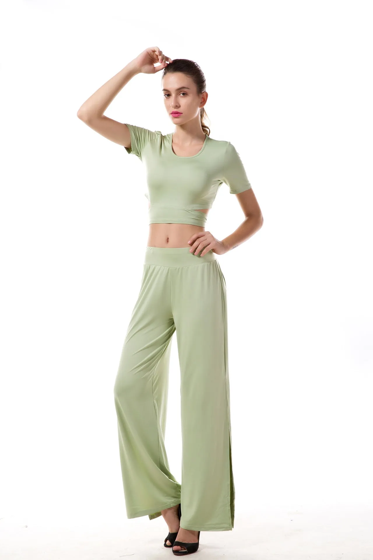 Green Top And Slit Trousers Two Pieces Set