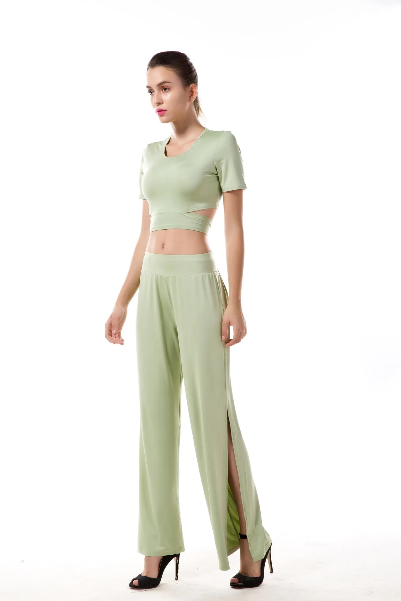 Green Top And Slit Trousers Two Pieces Set